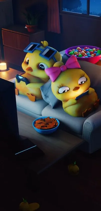 Cute cartoon ducks gaming on a sofa, surrounded by cozy night lighting.