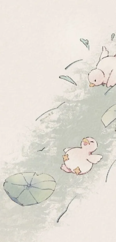 Minimalist wallpaper with cute ducks and a soft watercolor background.