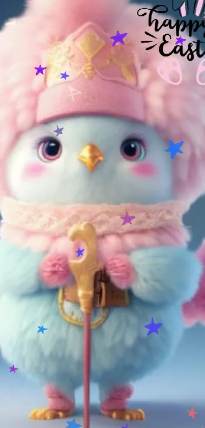 Adorable Easter bird in pastel pink, complete with festive hat.