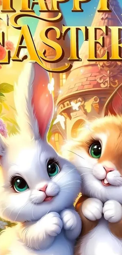 Illustration of cute Easter bunnies with a vibrant, festive background.