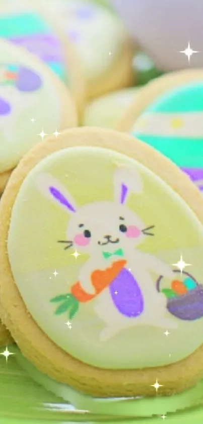 Easter bunny cookie on colorful background.