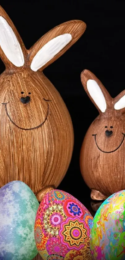 Wooden bunny figures with colorful Easter eggs.