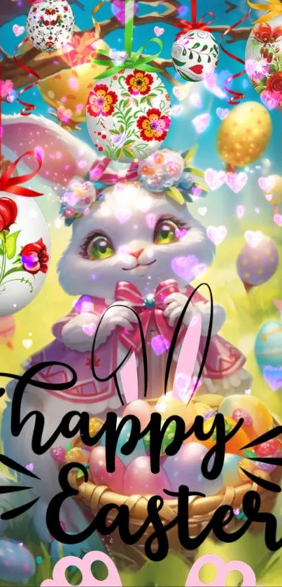 Adorable Easter bunny wallpaper with eggs and floral patterns.