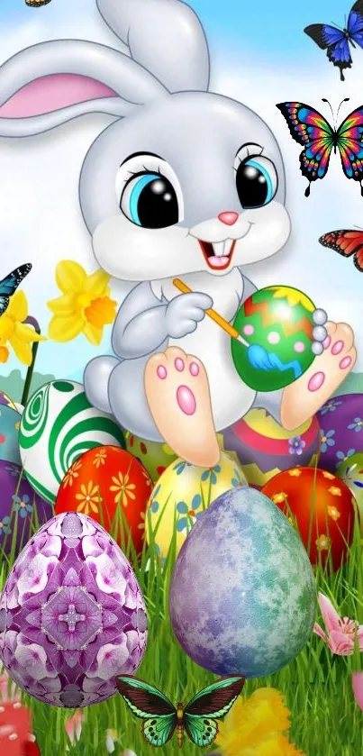 Easter bunny with colorful eggs and butterflies on a vibrant spring background.