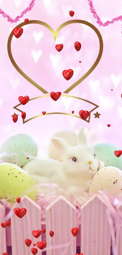 Easter bunny with pastel eggs on pink background with heart designs.