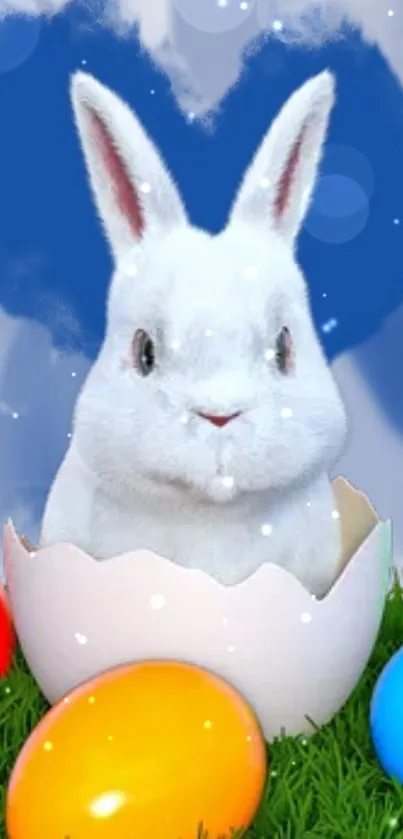 Adorable bunny in eggshell with colorful Easter eggs and blue sky.