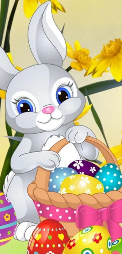 Cute bunny with Easter eggs and daffodils background.