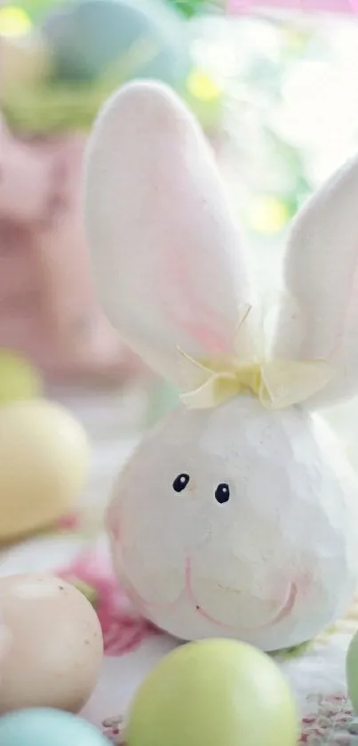 Cute Easter bunny with pastel eggs background.