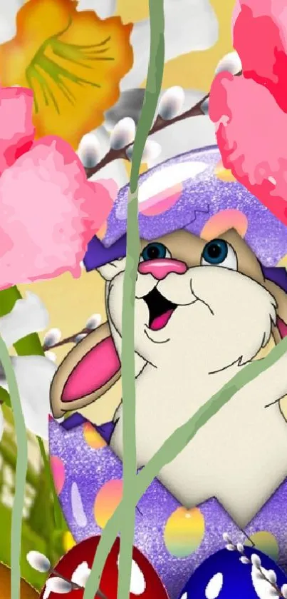 Cheerful bunny in Easter egg amidst blooming flowers.