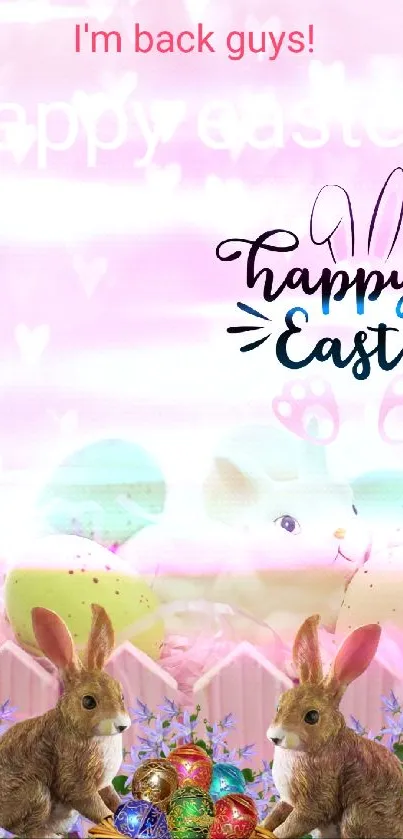 Cute Easter wallpaper with bunnies, pastel eggs, and pink background.