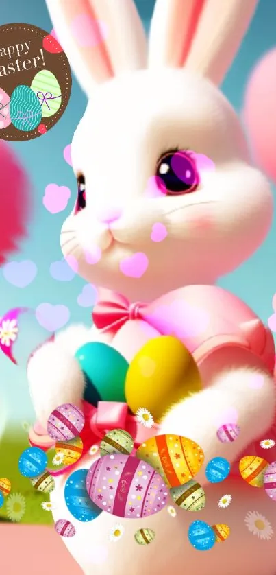 Adorable Easter bunny with colorful eggs and pink hearts on a pastel background.