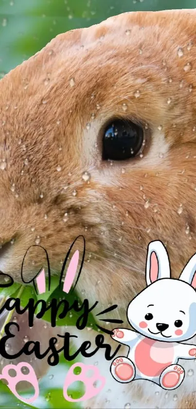Cute Easter bunny with a festive design on green background.