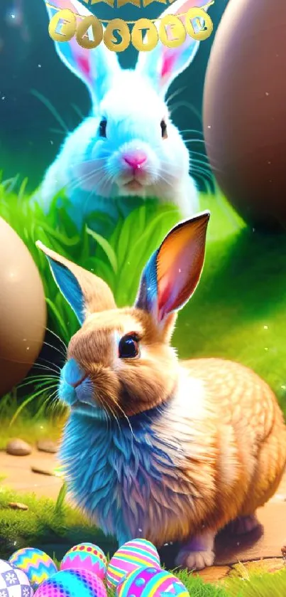 Adorable Easter bunny with colorful eggs.