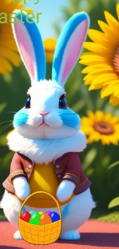 Cute Easter bunny with colorful eggs and sunflowers in vibrant spring scene.