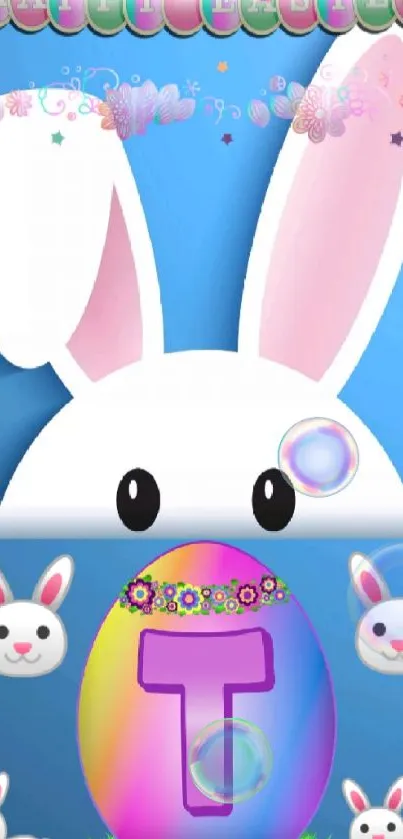 Easter bunny with colorful egg on blue background.