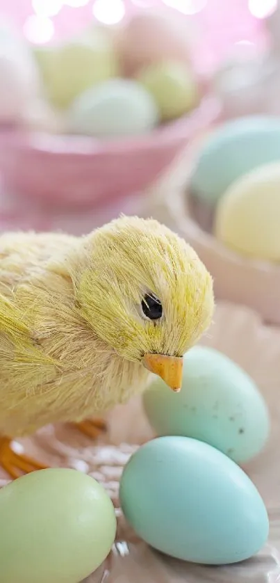 A fluffy yellow chick with pastel eggs on a stylish tray.