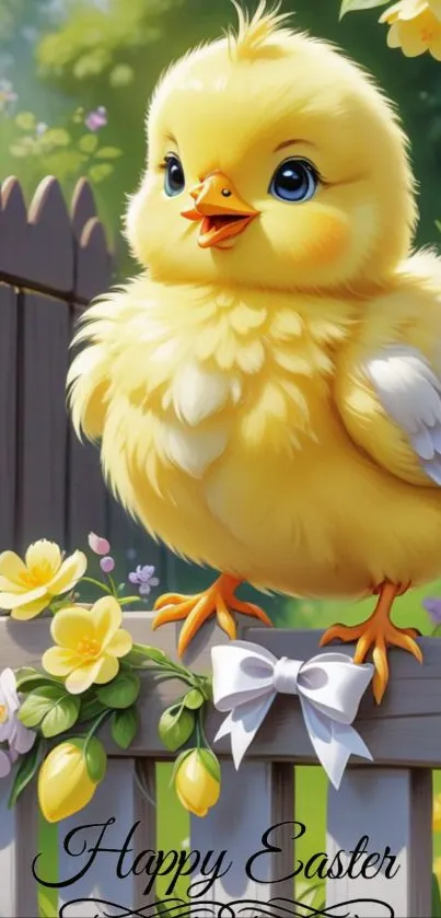 Cute Easter chick with flowers on a fence.