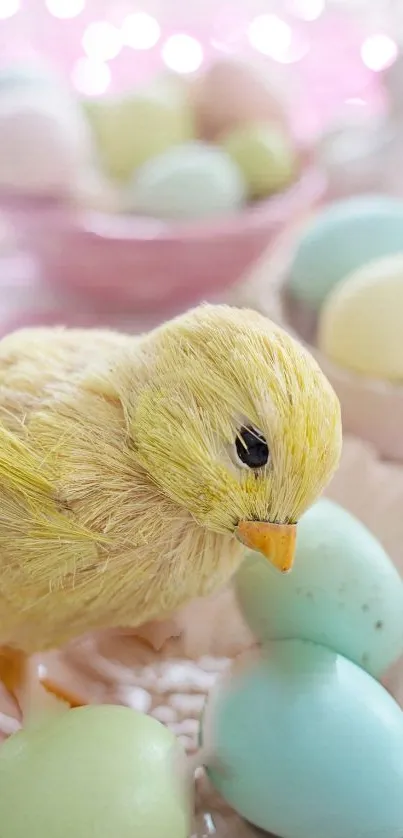 Cute Easter chick surrounded by pastel eggs.