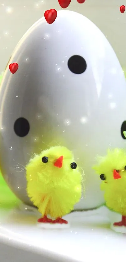 Adorable fluffy yellow chicks with egg in festive decoration.