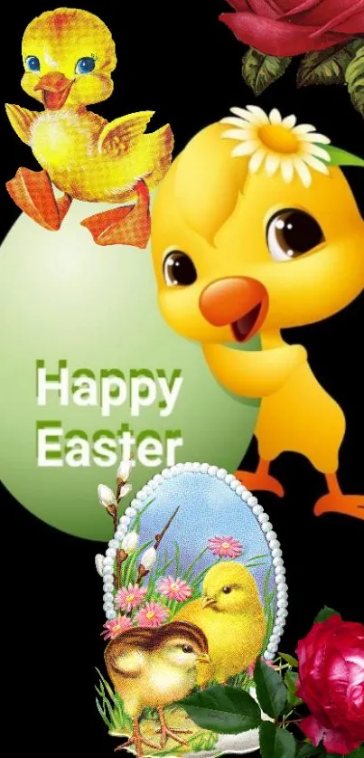 Cute cartoon chick with Easter egg and flowers.