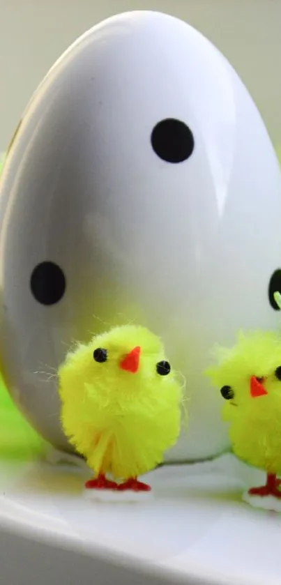 Fluffy yellow chicks with Easter egg decor; vibrant phone wallpaper.