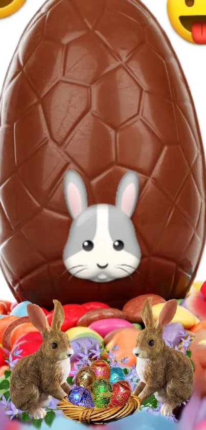 Chocolate egg with bunny face amid colorful candies.