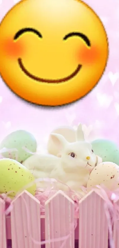 Smiling emoji with pastel eggs and bunny in pink theme.