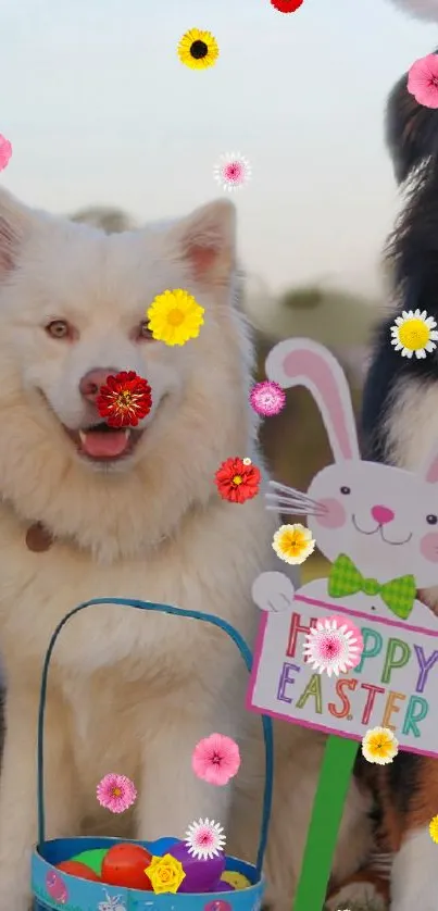 Adorable puppies with Easter eggs and a festive bunny sign on a spring-themed background.