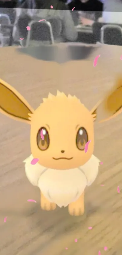 Cute Eevee AR in beige setting with pink petals floating.