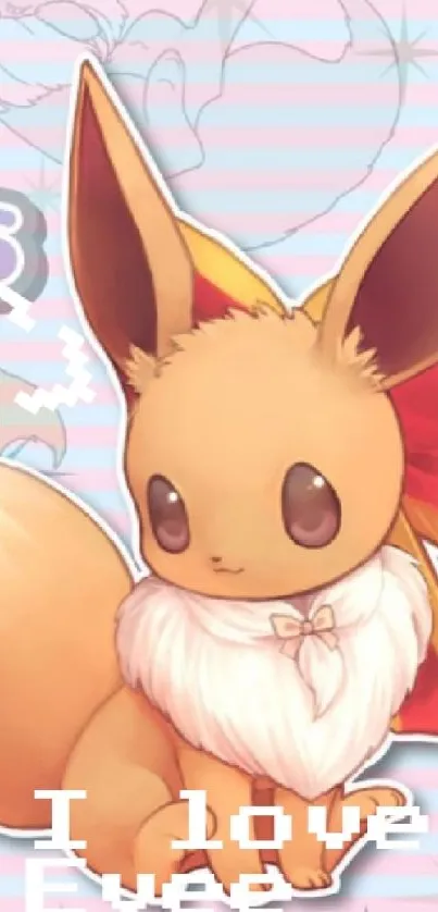 Adorable Eevee with a big red bow in a cute anime style.