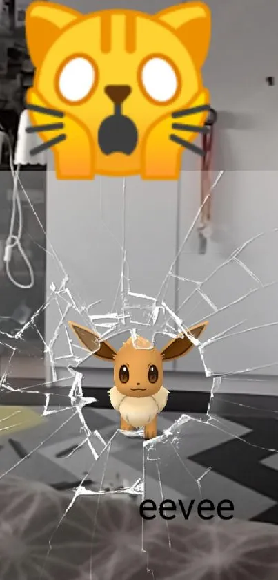 Eevee and cat emoji behind broken glass effect.