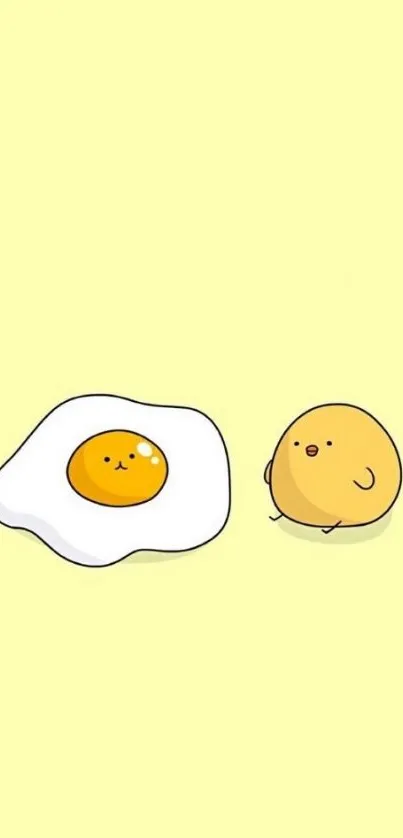 Cute wallpaper of egg and chick on light yellow background.