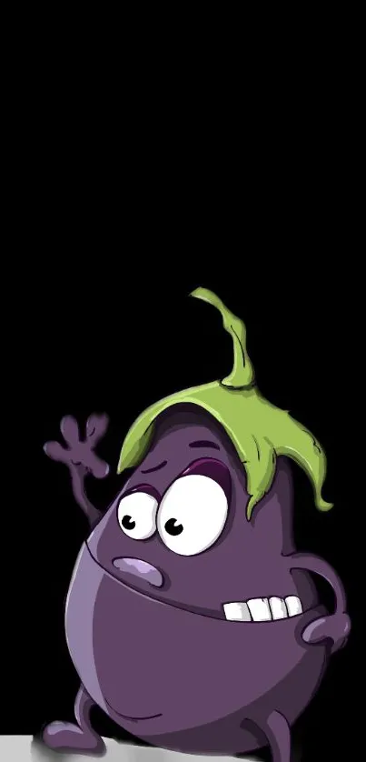 Cartoon eggplant character on black background.