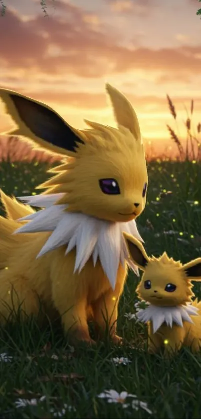Cute electric creatures at sunset in a scenic field.