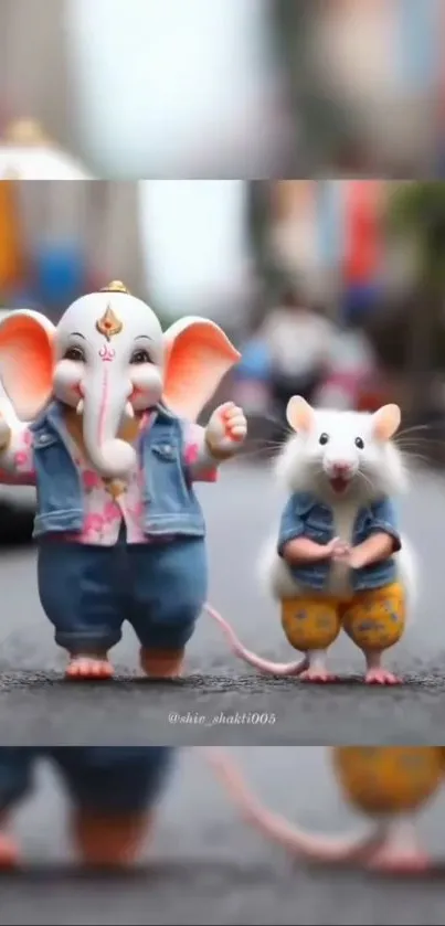 Cute elephant and mouse duo in urban setting, vibrant and playful design.