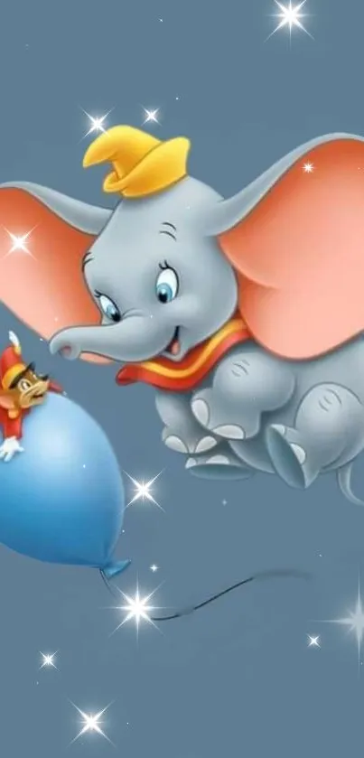 Cartoon elephant and mouse with balloon on slate gray background.