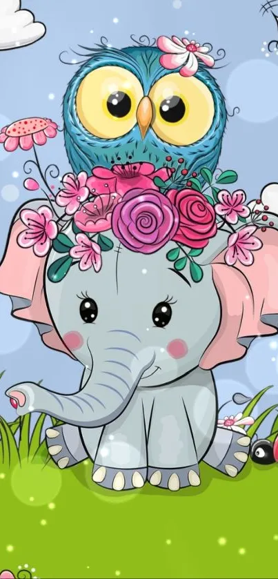 Cute cartoon elephant with flowers and owl under a blue sky.