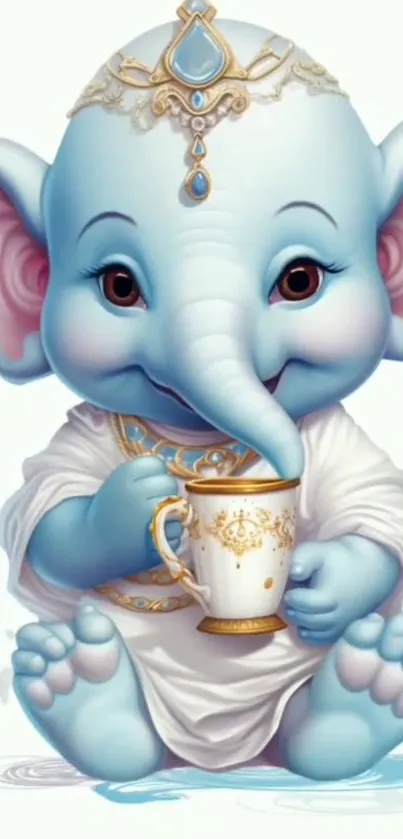 Adorable cartoon baby elephant with a teacup illustration.