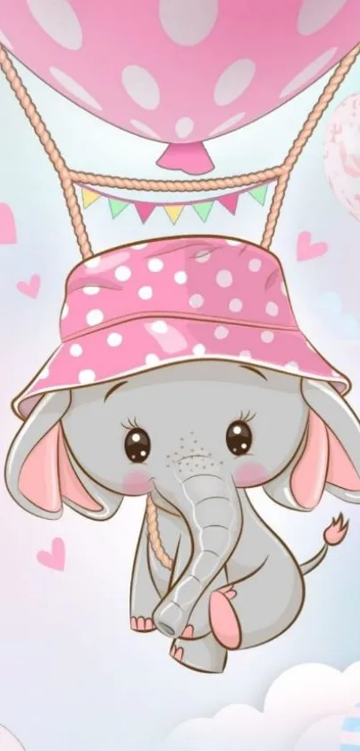 Cute elephant with pink balloon hat in a whimsical design.