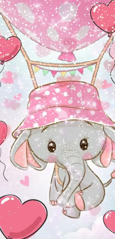 Cute elephant flying with pink heart balloons in a hot air balloon.