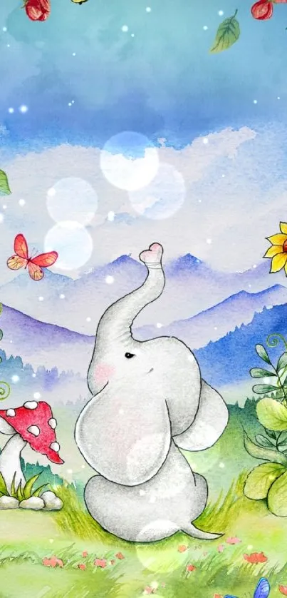 Cartoon elephant in a colorful garden with flowers and butterflies.