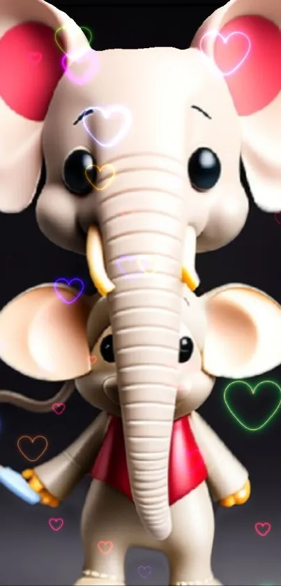 Cute cartoon elephants with heart accents in digital art wallpaper.