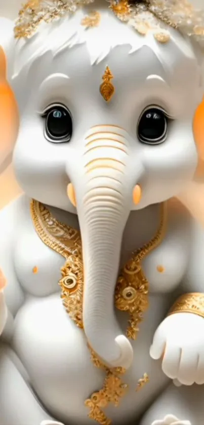 Adorable elephant with golden ornaments and serene expression.