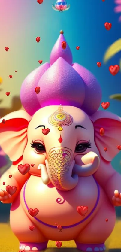 Pink animated elephant with hearts and vibrant background.