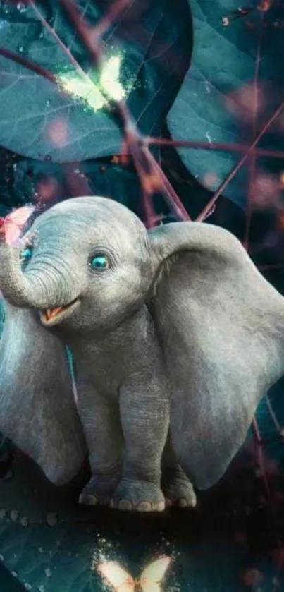 Cute animated elephant with glowing butterflies.