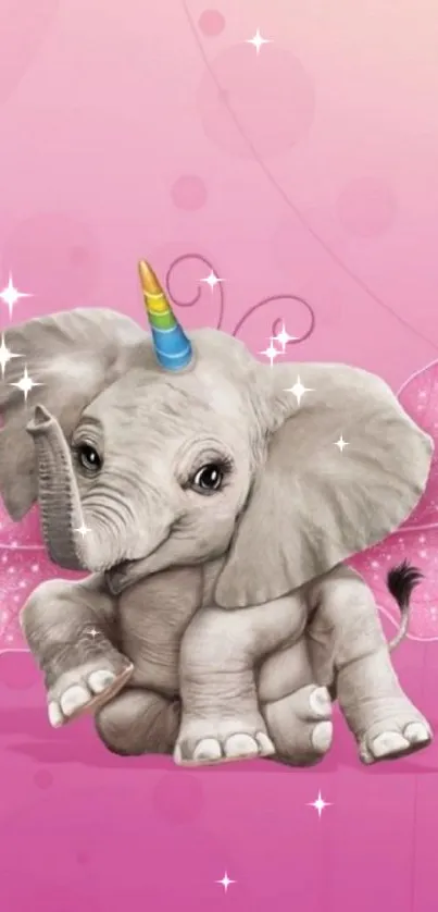 Cute elephant with horn and wings on pink background.