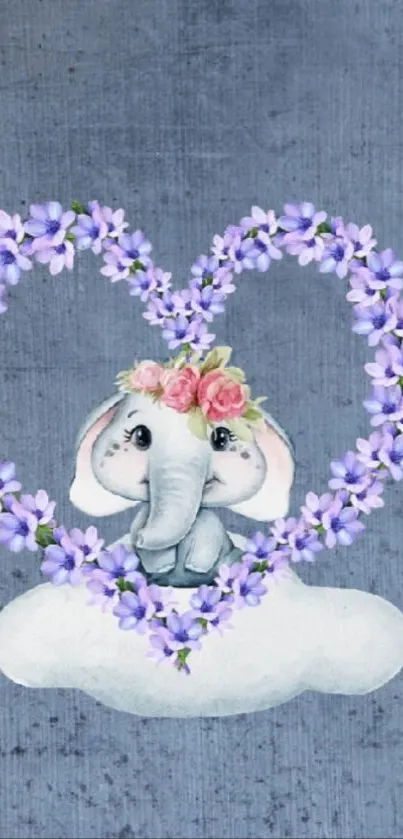 Cute baby elephant with a floral heart on a blue-gray background.