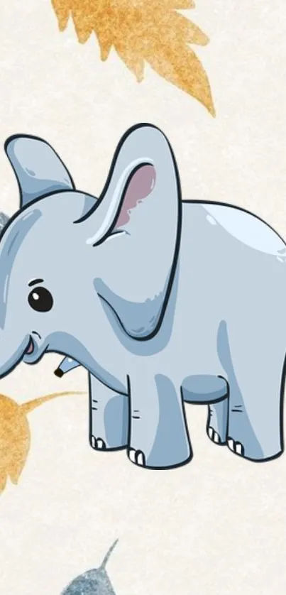 Cute cartoon elephant on pastel leaf background.