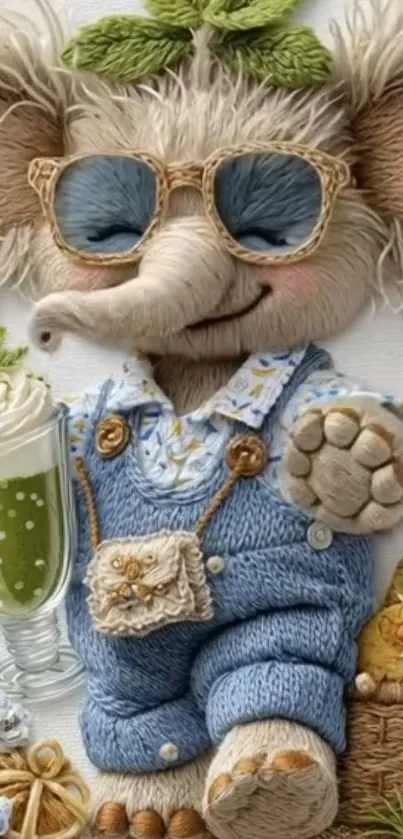 Cute cartoon elephant holding a green smoothie in blue overalls.