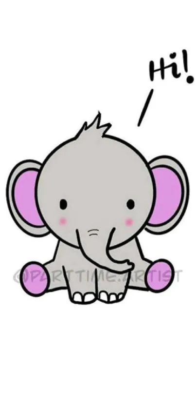 Cute grey elephant cartoon with pink ears on white background.